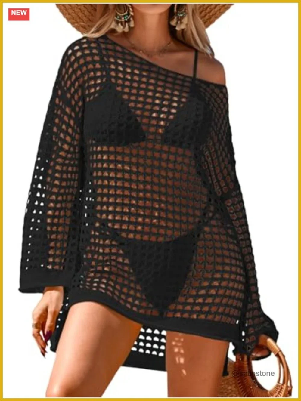 Oversized Long Sleeve Crochet Mesh Swimsuit Cover Up Mini Dress
